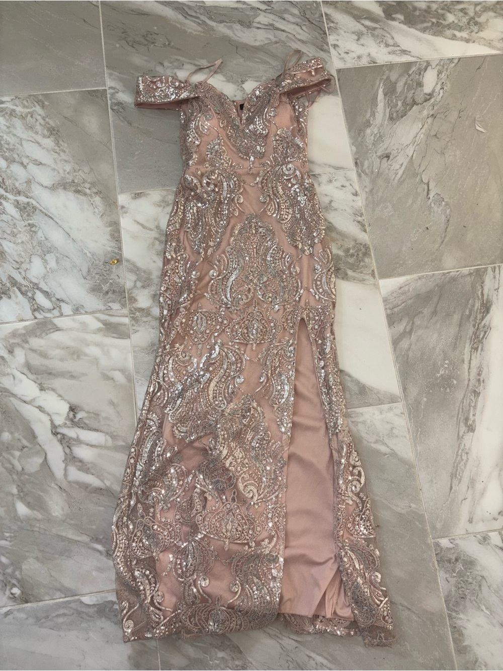 Jodi Kristopher Rose Gold Sequin Off-Shoulder Prom Gown